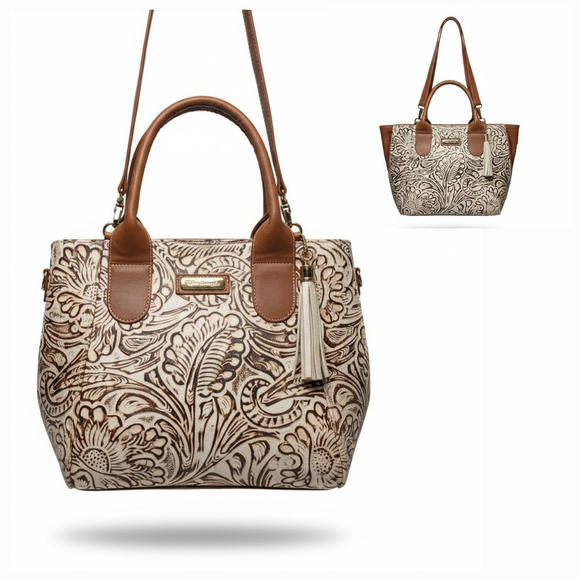 Brown Off White Zippered Floral Embossed Tooled Artisanal LEATHER Bag Purse - Picture 3 of 15